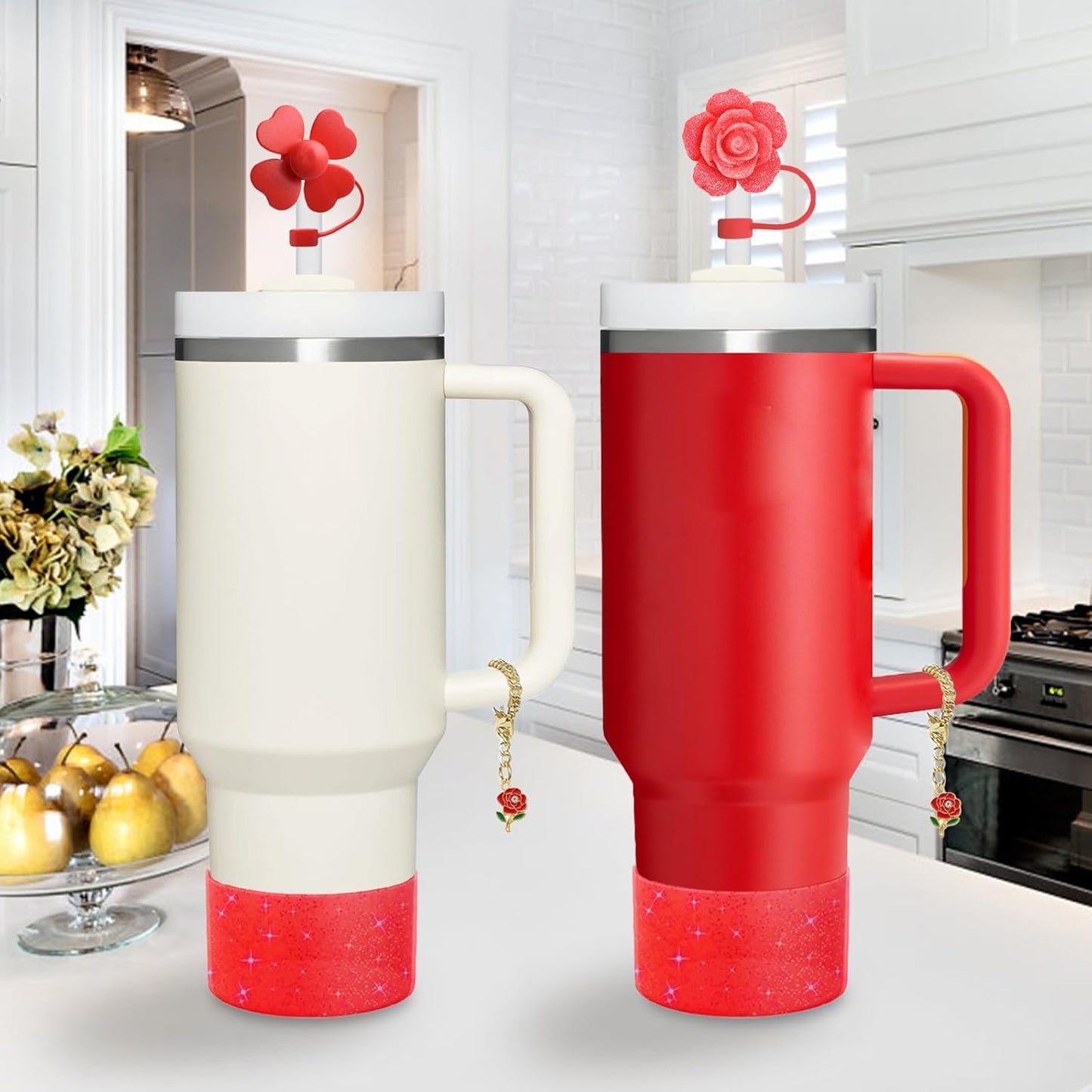 Stanley Cup Accessories Set - 2 Straw Covers, 1 Spill-Proof Stopper & 1 Cute Rose Handle Charm | Fits 40 & 30 Oz Tumblers (Chili)
