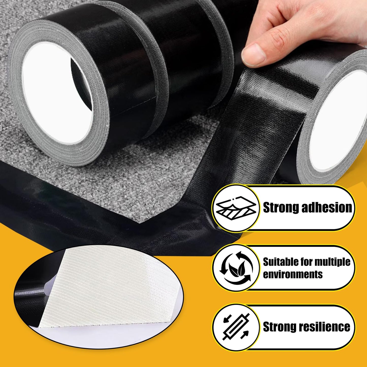 SMTAPESPRO Black Duct Tape Heavy Duty，3 Pack Heavy Duty Waterproof Black Tape,Strong Adhesive Duct Tape for Indoor Outdoor Repairs Tear by Hand, 60 Yards x 2 Inch Total