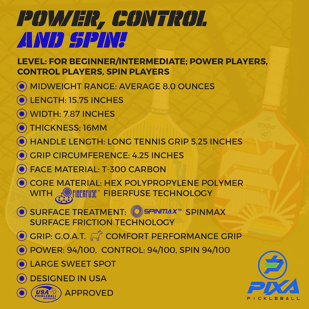Coastal Crush T300 Carbon Fiber Pickleball Paddle – Grit-Textured Surface for Spin & Control, Polypropylene Honeycomb Core, Tennis-Length Handle, Lightweight, USAPA Approved – PIXA Pickleball