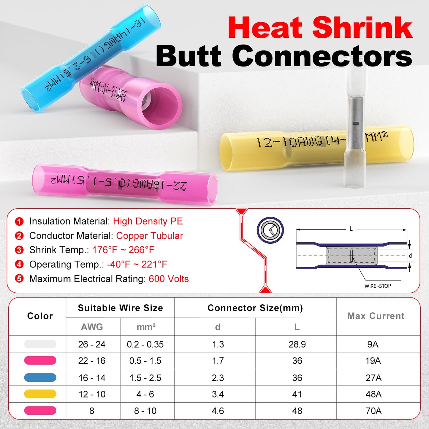 AIRIC Heat Shrink Butt Connectors 8 AWG, 20 Pcs Waterproof Electrical Crimp Splice Terminal for Auto Repair, Insulated Marine Grade Connector for 8 Gauge Wire, Wiring Crimps Terminals, Red
