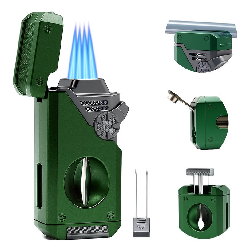 VloEssic 5 in 1 Butane Torch Lighter, 4 Jet Flame, Butane Lighter Refill Built-in V Cutter, Punch, Holder, Nubber, Windproof Jet Lighter for Candles, Cool Lighters Gift for Men (Without Gas) (Green)