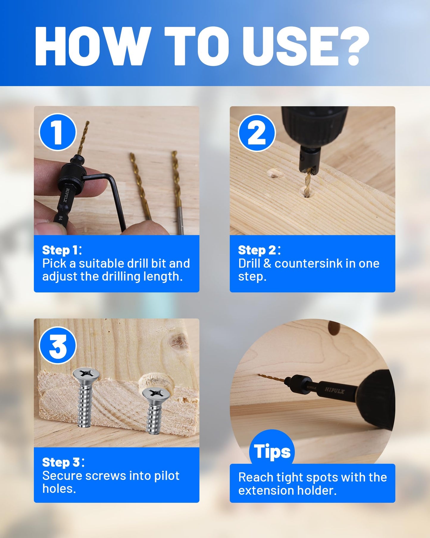 HIPULX Countersink Drill Bit Set for Wood - 14 PCS Counter Sink Drill Bits Adjustable #4, #6, #8, #10, #12, 1/4" Hex Shank, with Magnetic Extension bit Holder & Storage Box