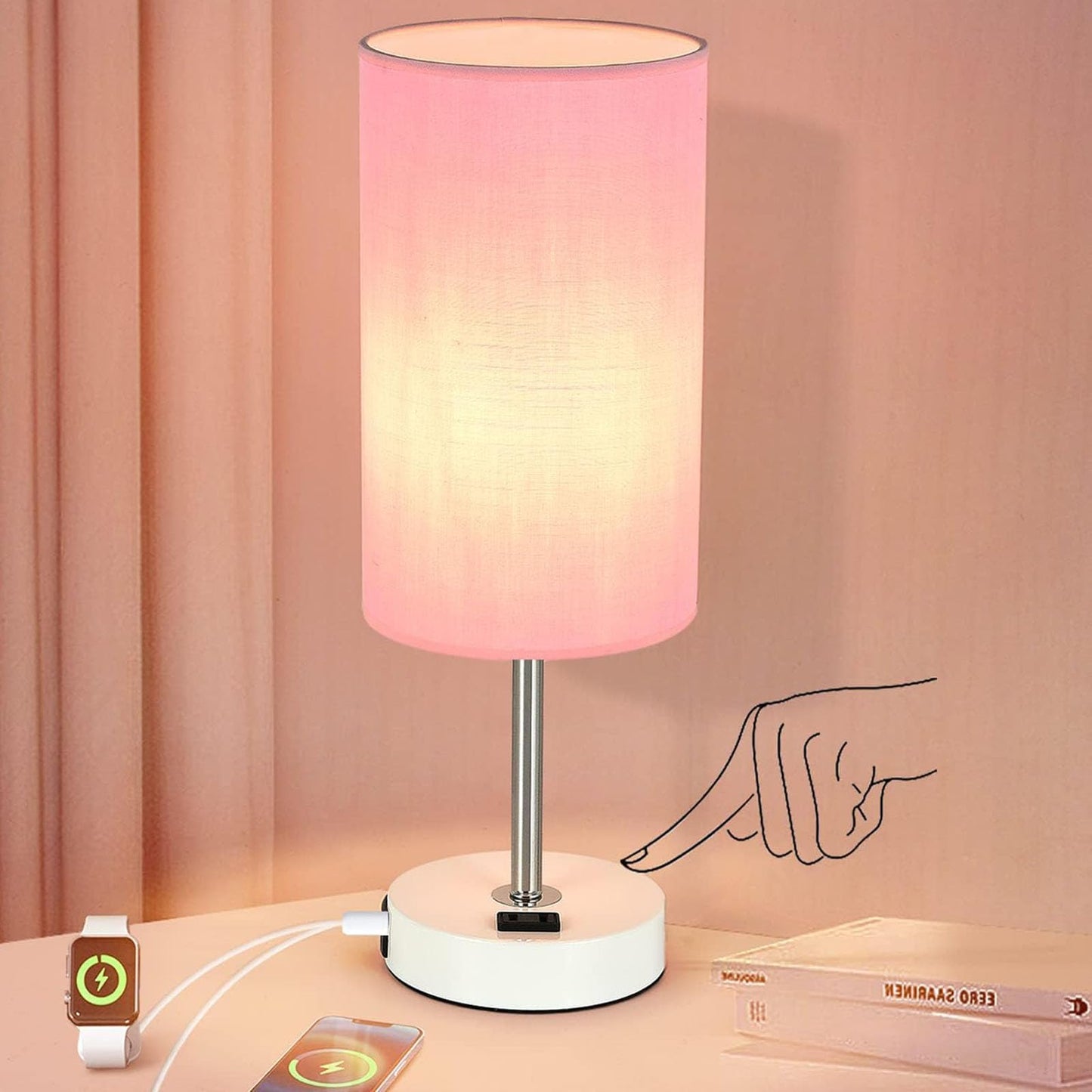 Gugsey Table Lamp with USB Port - Desk Lamp Touch Lamp Bedside Lamps for Bedroom, 3 Way Dimmable Small Lamps for Living Room, Nightstand, Nursery, Dorm, Home, Office, White Base+ Pink Lampshade