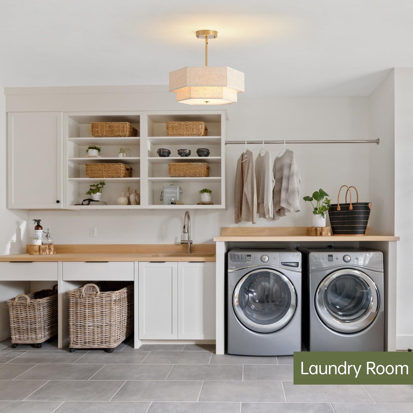 InterMaka Modern Semi Flush Mount Ceiling Light 15.7" Boho Light Fixture with Linen Shade, Double Drum 3-Light Entryway Pendant Light, Close to Ceiling Light Fixtures for Living Room Bedroom Nursery