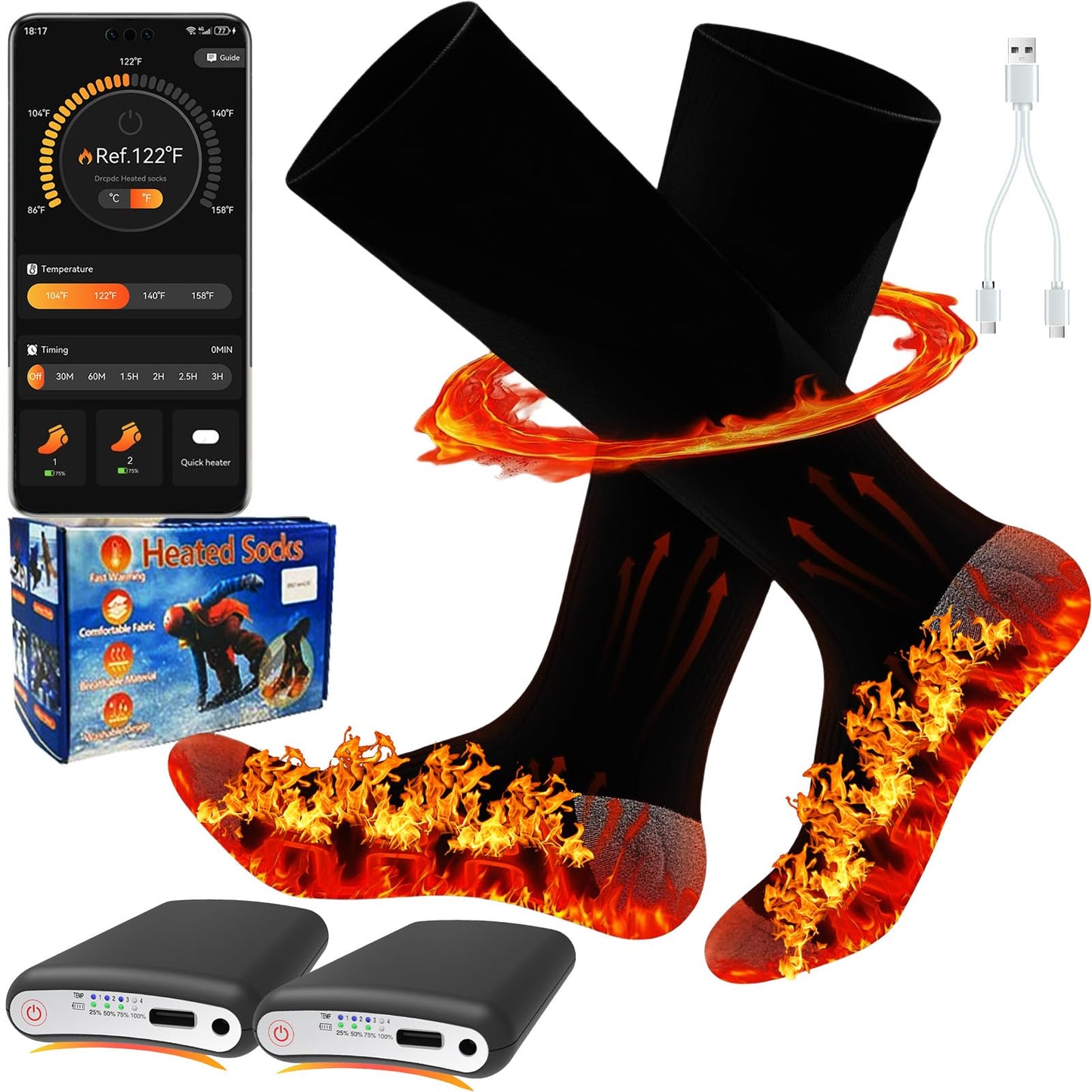 Heated Socks with App Control 5000mAh*2 Rechargeable Electric Heated Socks for Men Women Up to 9 Hours Washable Warm Socks for Outdoor Work Skiing Hunting Riding Hiking Cycling Camping Gifts
