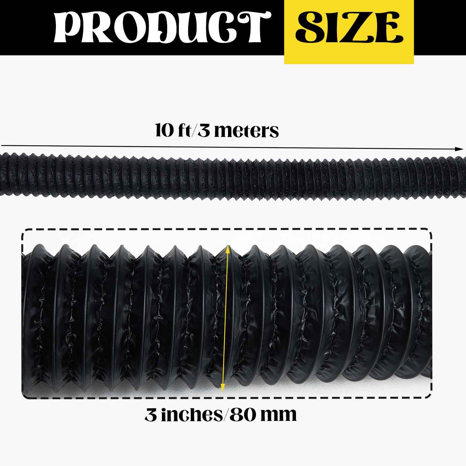 Pushglossy 2 Pcs 3 Marine Boat Blower Hose Black Dryer Vent Hose 10 Feet Flexible Air Ducting with 4 Screw Clamps for Boat Vent Bilge Blower Exhaust Fan HVAC Ventilation