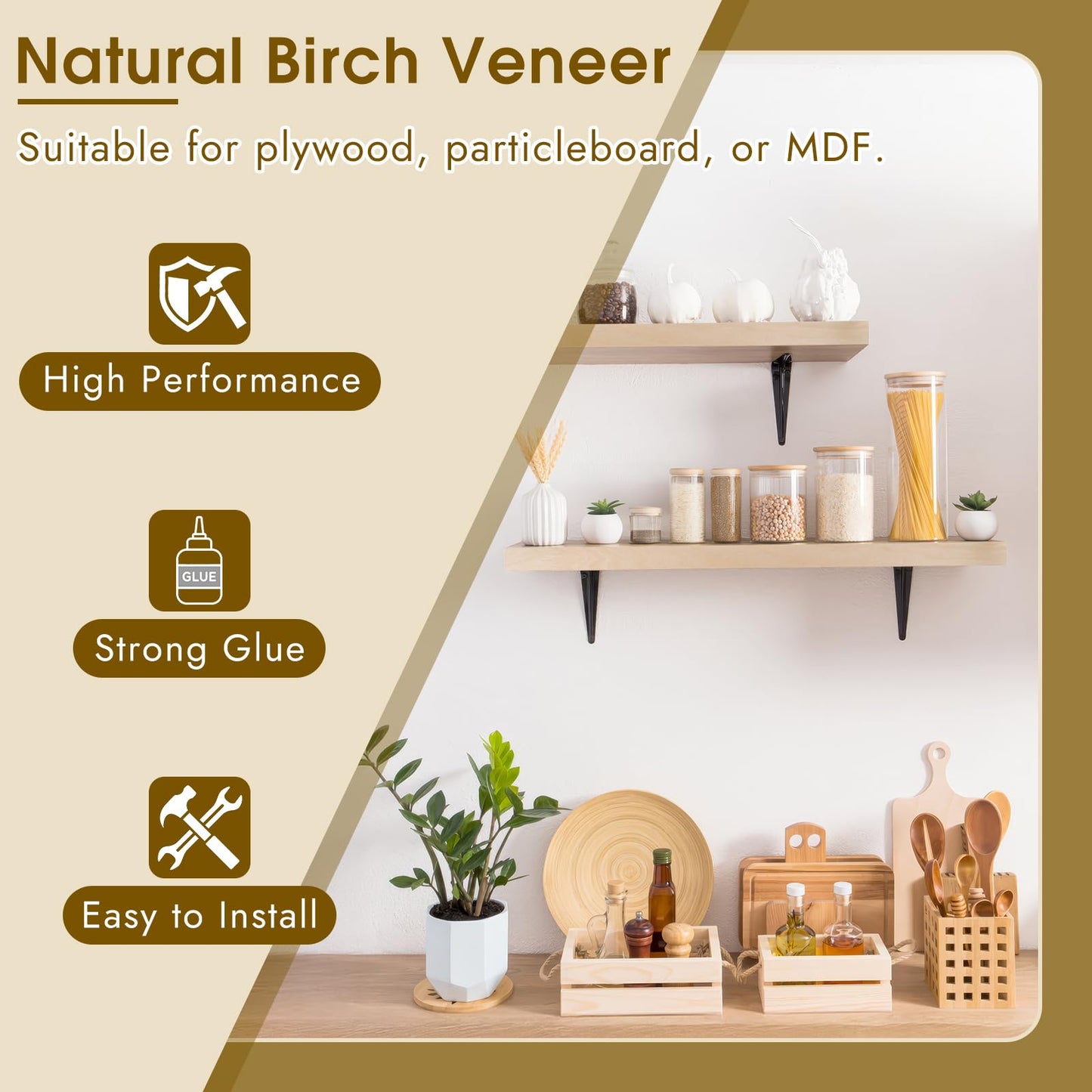 BEVTEE Birch Edge Banding, 7/8 Inch x 50 ft Wood Veneer Roll Pre-glued, Flexible Birch Iron-on Veneer Edge Band for Plywood & Furniture Edging, Natural Wood Color for DIY & Professional Projects