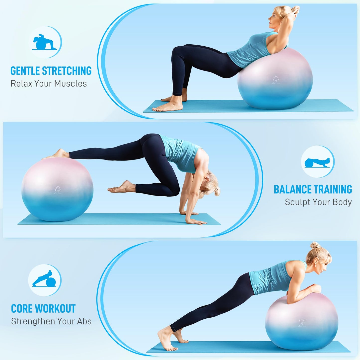 Sportneer Extra Thick Exercise Ball - 25.6''Yoga Ball with Quick Pump - Anti-Burst and Slip Resistant Fitness Ball Chair for Pregnancy and Physical Therapy (Pink Blue)