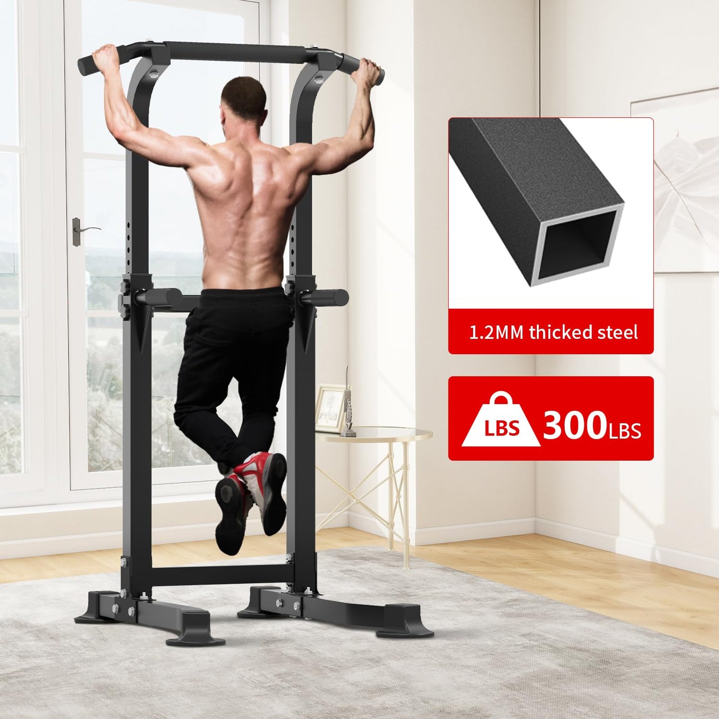 ZENOVA Pull Up Bar Dip Bar Power Tower Workout Dip Station Height Adjustable Free Standing Chin Up Bar Home Gym Equipment 300LBS Weight Capacity