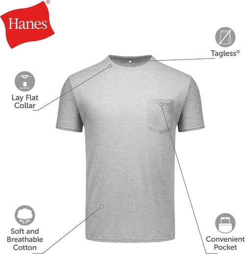 Hanes Men's Pocket T-Shirt | 6-Pack Cool & Breathable Cotton Tees | Stay-Tucked Undershirts