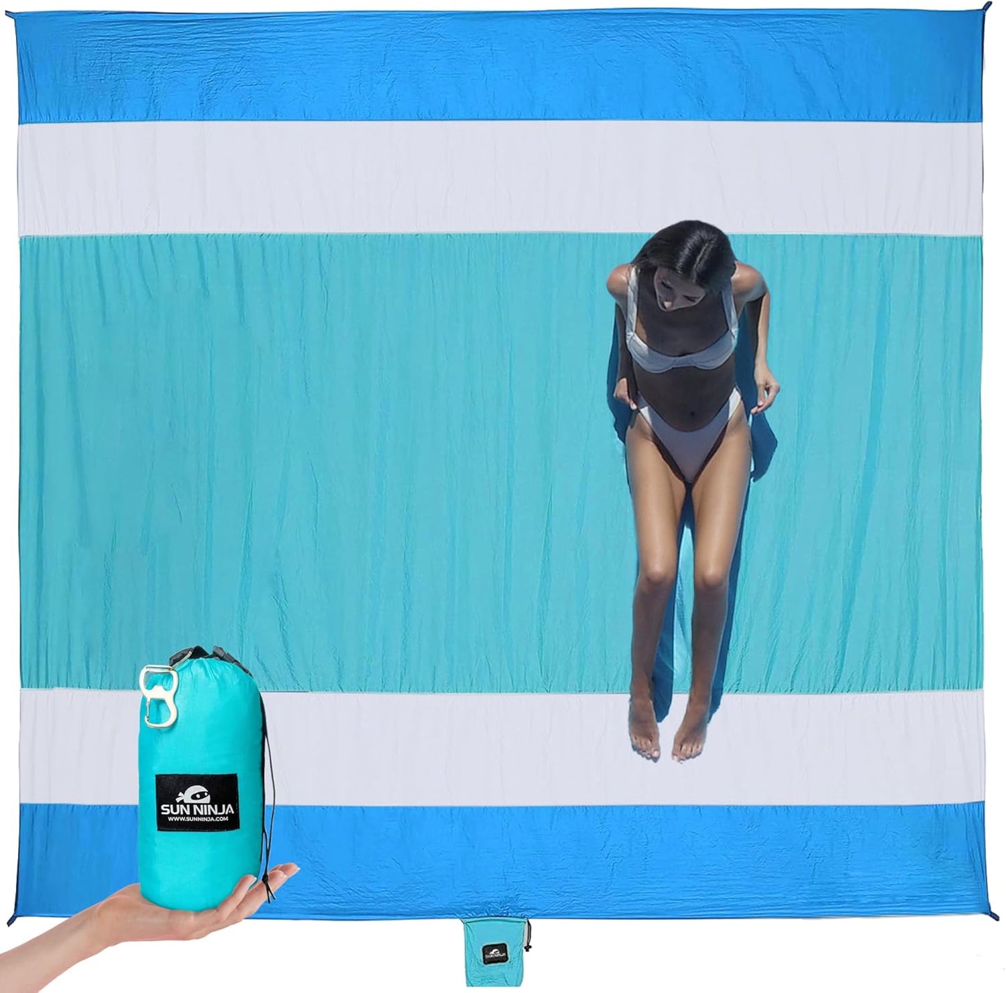 SUN NINJA Sand Proof Beach Blanket - Lightweight & Quick-Dry Mat with Travel Bag | Giant 10'x9' for Outdoor Fun