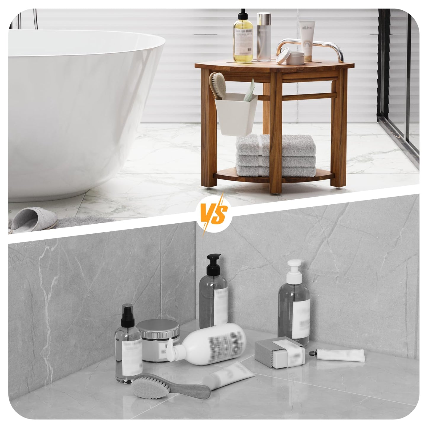 Kiasthome Teak Corner Shower Bench, Waterproof Bathroom Teak Shower Bench, Sturdy Non-Slip Bath Shower Foot Stool for Shaving Legs with Storage Baskets and Shelves