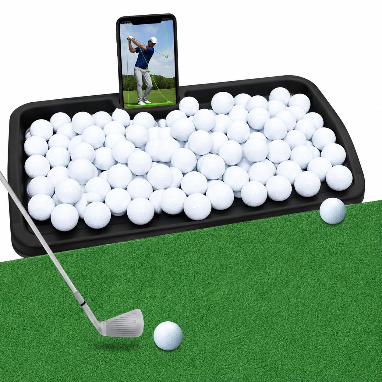 Japard Golf Ball Tray with Built-in Phone Holder Large Capacity 100 Golf Ball Organizer, 23.2" Wide Simulator, Indoor Outdoor Training, Swing Recording Black