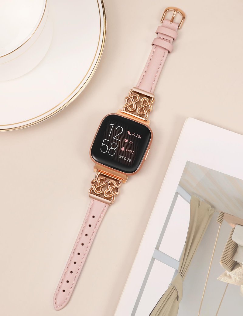 Minyee Leather Band Compatible with Fitbit Versa 2/Fitbit Versa/Versa Lite Bands Women, Dressy Slim Thin Leather Strap with Designer Celtic Heart Knot Buckle for Versa 2 Smartwatch, Pink/Rose Gold