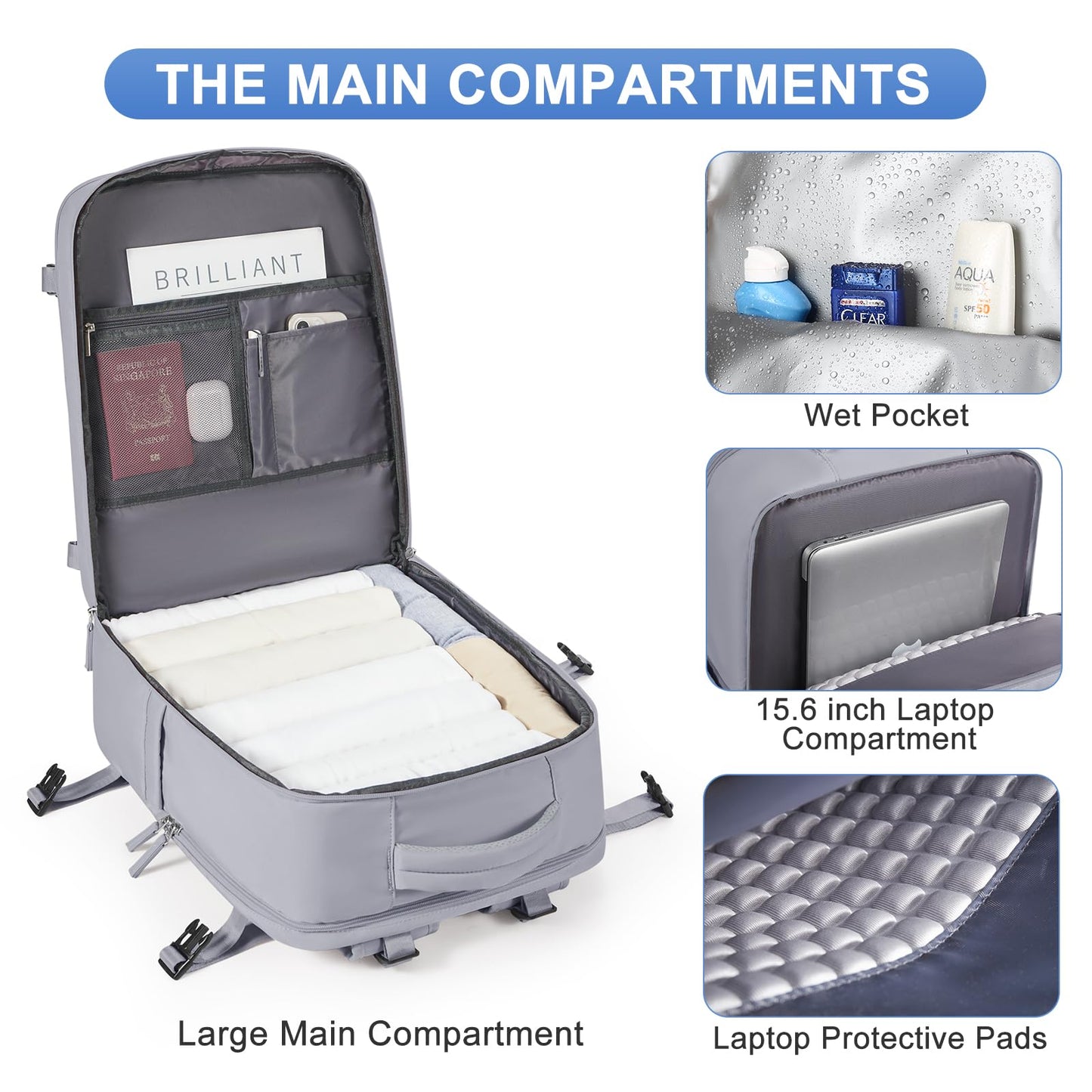Grey Travel Backpack - Carry On Flight Approved Mochila De Viaje Personal Item - Large Backpack for Men & Women - 18x14x8 Inches