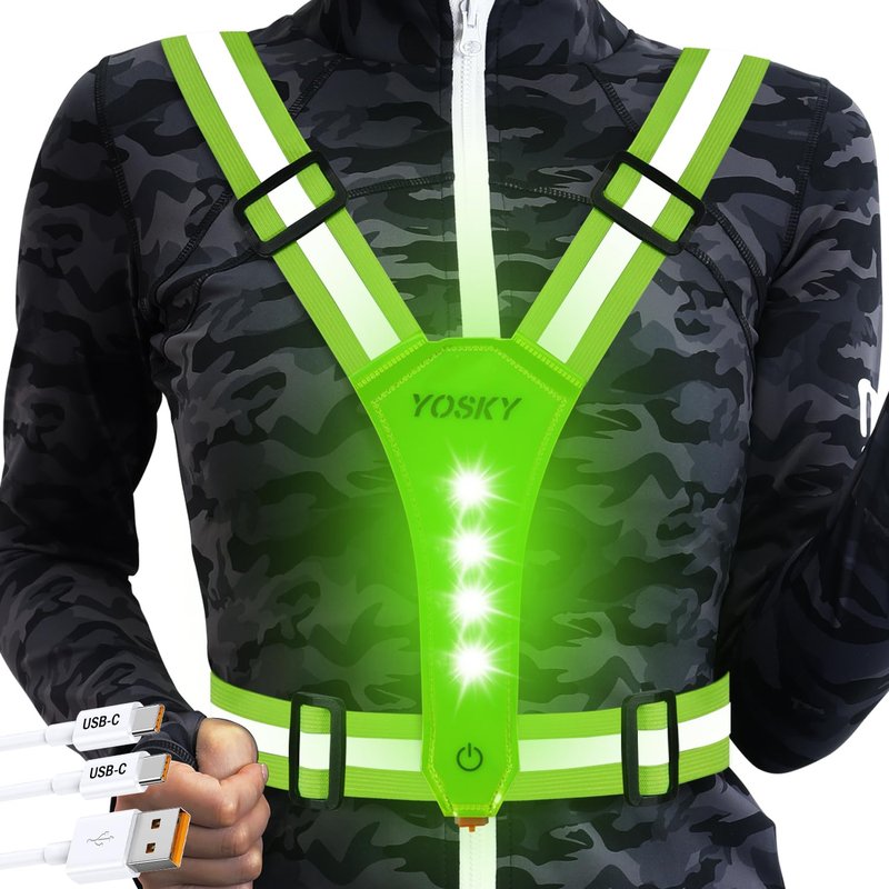 YOSKY 8 LED Running Reflective Gear Rechargeable Adjustable Running Lights Vest Safety Night Reflective Vest for Women Men Kids