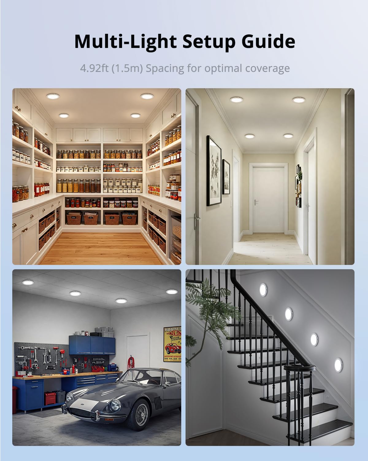 Combuh 4-Pack Battery Powered Motion Sensor Light, 7.48" IP44 Waterproof Shower Lamp Without Wiring, Ultra Thin 3 Colors Adhesive Overhead Lightting for Garage, Bedroom, Kitchen, Portable