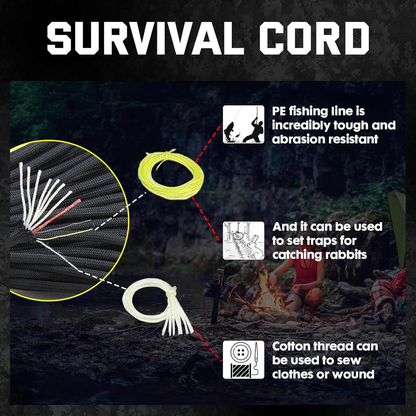 Skiennix Paracord 550 | Military-Grade Survivor Cord with Fishing Line & Fire Starter - 10 Strands