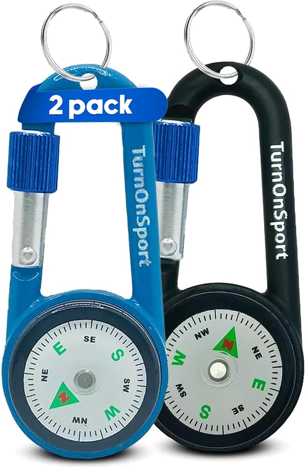 Skiennix Compact Compass Keychain - 2 Pack Magnetic Carabiner Clip for Hiking | Twist Lock Design for Kids