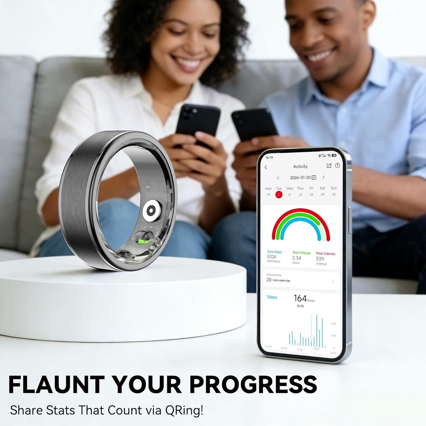 Smart Ring - 24/7 Fitness Tracker for Men & Women | Stress & Sleep Monitoring, Black, Size 8