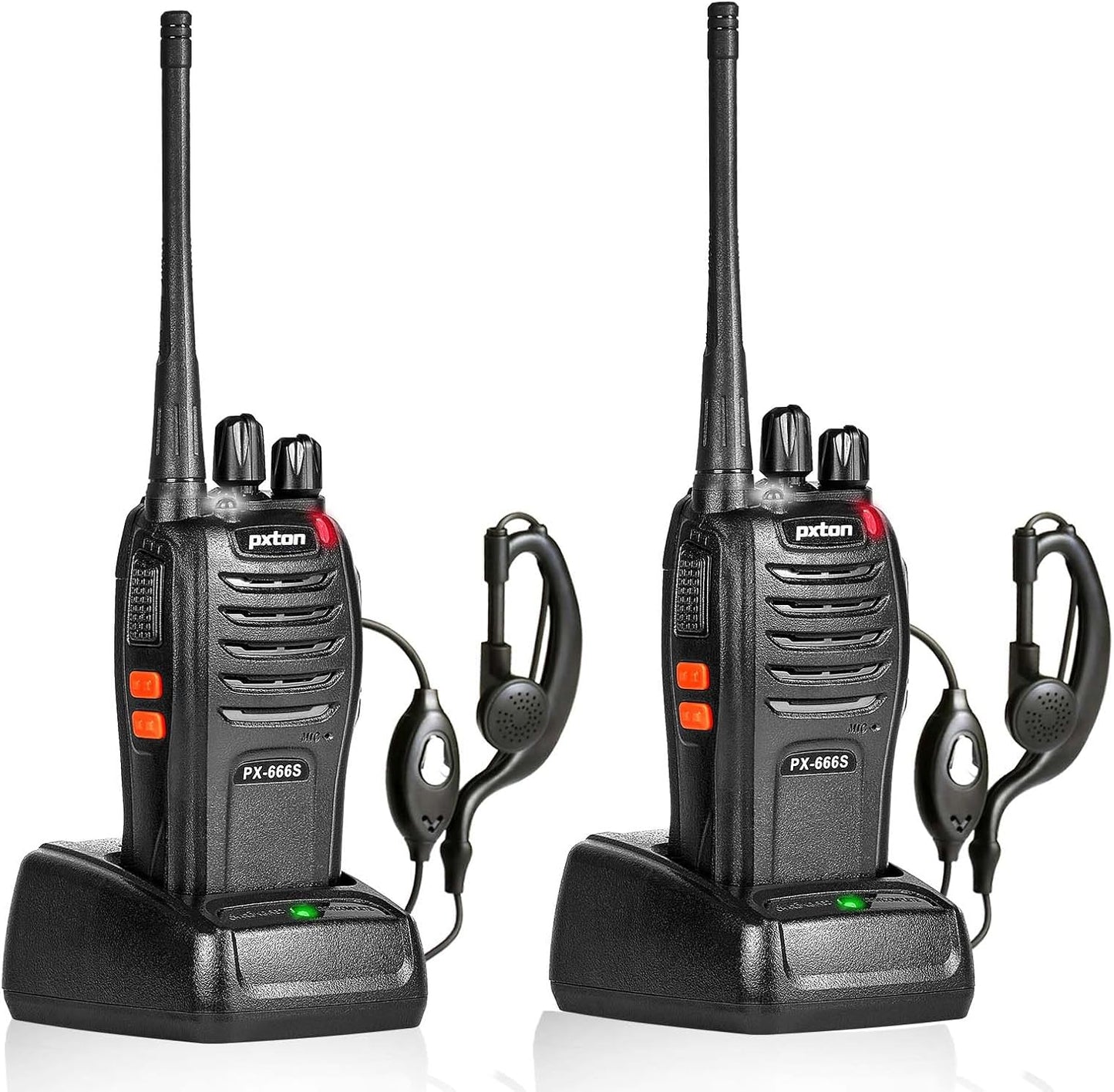 Pxton Walkie Talkies - 666S Long Range Rechargeable Two-Way Radios with Headphones | VOX, Noise Reduction & Flashlight (2 Pack)