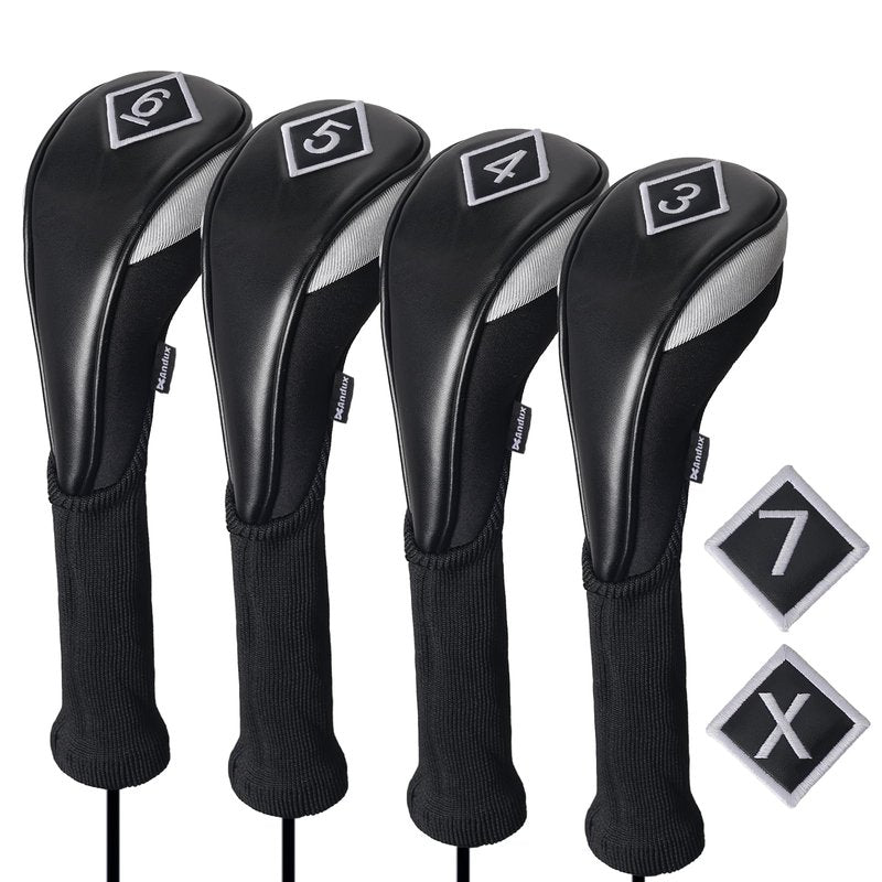 Andux PU Golf Hybrid Club Head Covers with Dial No. Tag Long Neck 4pcs/Set CTMT-04 Black