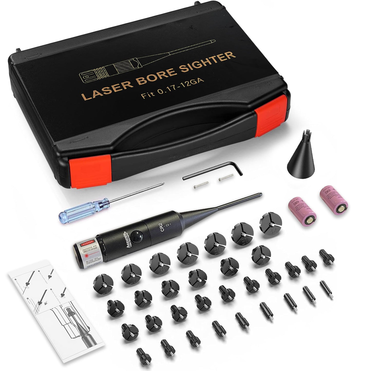 UUQ Professional Laser Bore Sight Kit with Button Switch,Red Laser with 32 Adapters for 0.17 to 12GA Calibers,Suitable for Pistol Rifle Airsoft & Shotgun,Powerful Hunting Equipment (Red Laser)