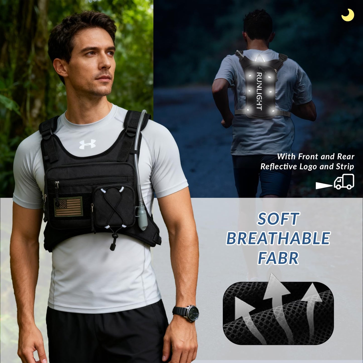 Runlight Running Vest,Lightweight Adjustable Chest Pack with Pistol Holster, Pack with 1.5L Water Bladder, Reflective Running Hydration Vest (Black, One Size)