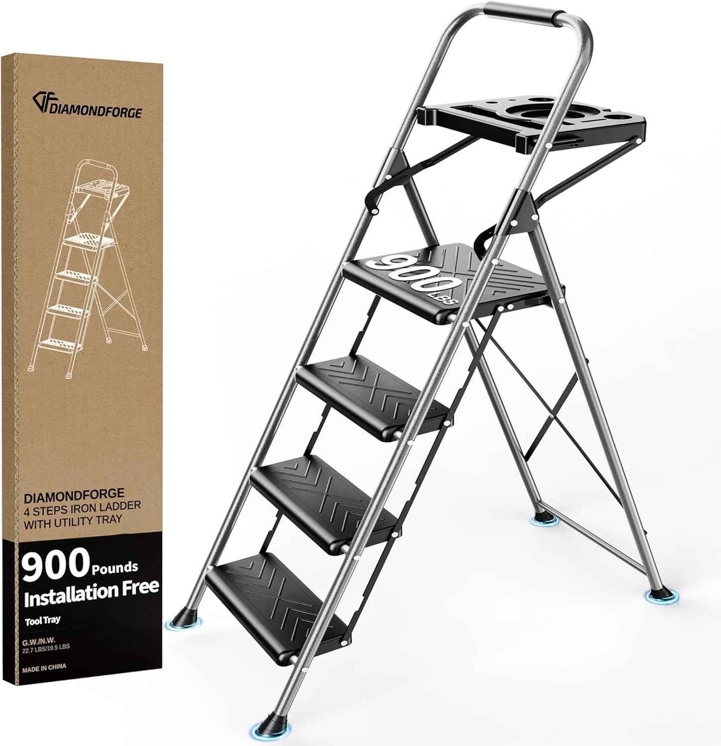 DIAMONDFORGE 4-Step Folding Ladder - Sturdy Steel Construction, Anti-Slip Pedals & Feet, Handgrip - Home Use, White & Red