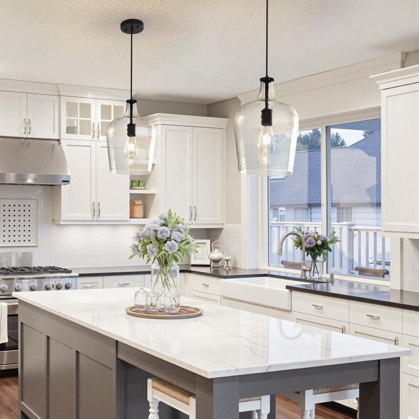 9.3" Blown Glass Pendant Lighting for Kitchen Island,Black Large Pendant Light Fixture with blown Thickened Glass,1 Light Farmhouse Hanging Light for Hallway,Bedroom, Living Room Tall 14 inch