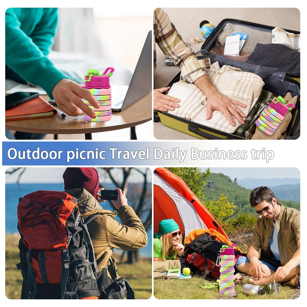 WATMHHJQ Silicone Collapsible Water Bottles, 16oz 500ml Portable Foldable Expandable Water Bottle Sports Cups, Leak Proof Reusable BPA Free, for Outdoor Activities Travel(Pink-B)
