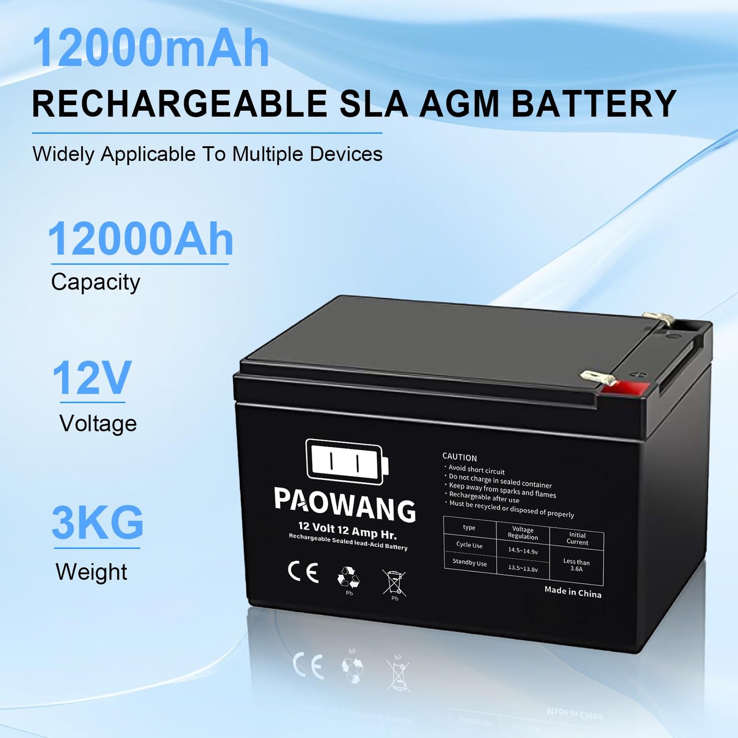 12V 12Ah Rechargeable Sealed Lead Acid Battery with F1 Terminal, SLA AGM Replacement Batteries for Children's Toy Car/Emergency Lighting/Solar/Wind Power/Power Wheels/Small UPS