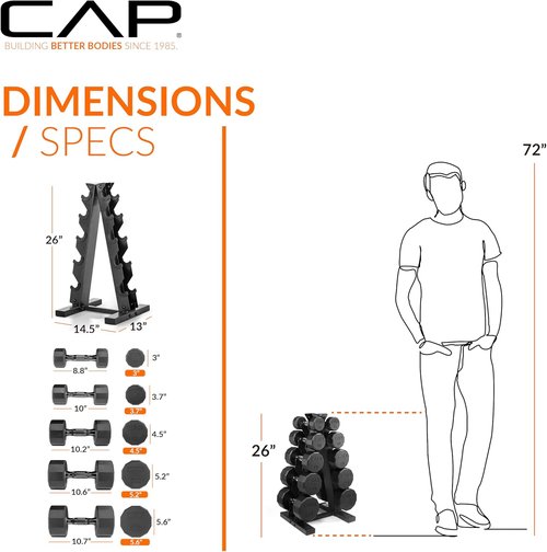 CAP Barbell Dumbbell Weight Set - Rubber Coated with Vertical Rack | 100 lb, 150 lb, 210 lb Options