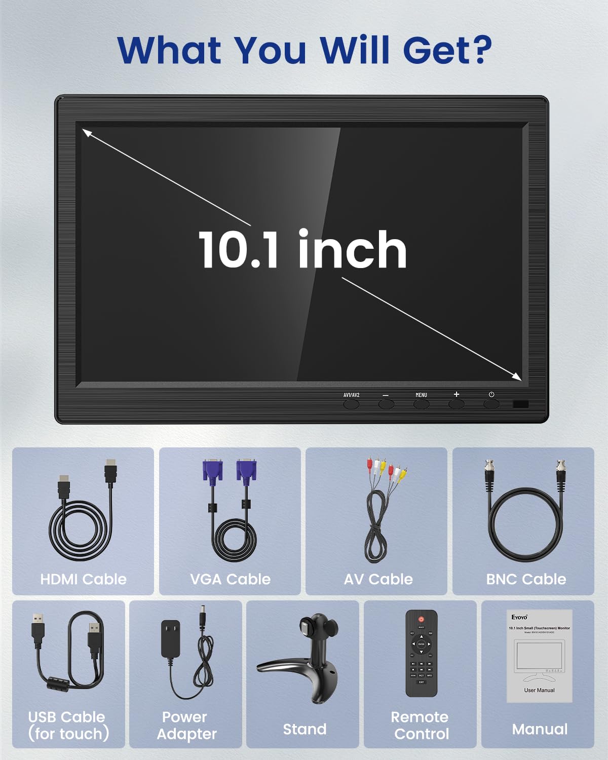 Eyoyo 10.1 inch Security Monitor 1366x768 Resolution, Small HDMI Monitor Supporting HDMI VGA AV BNC USB Input, Small Screen with Built-in Speakers for PC CCTV Camera NVR (EM101ADC)