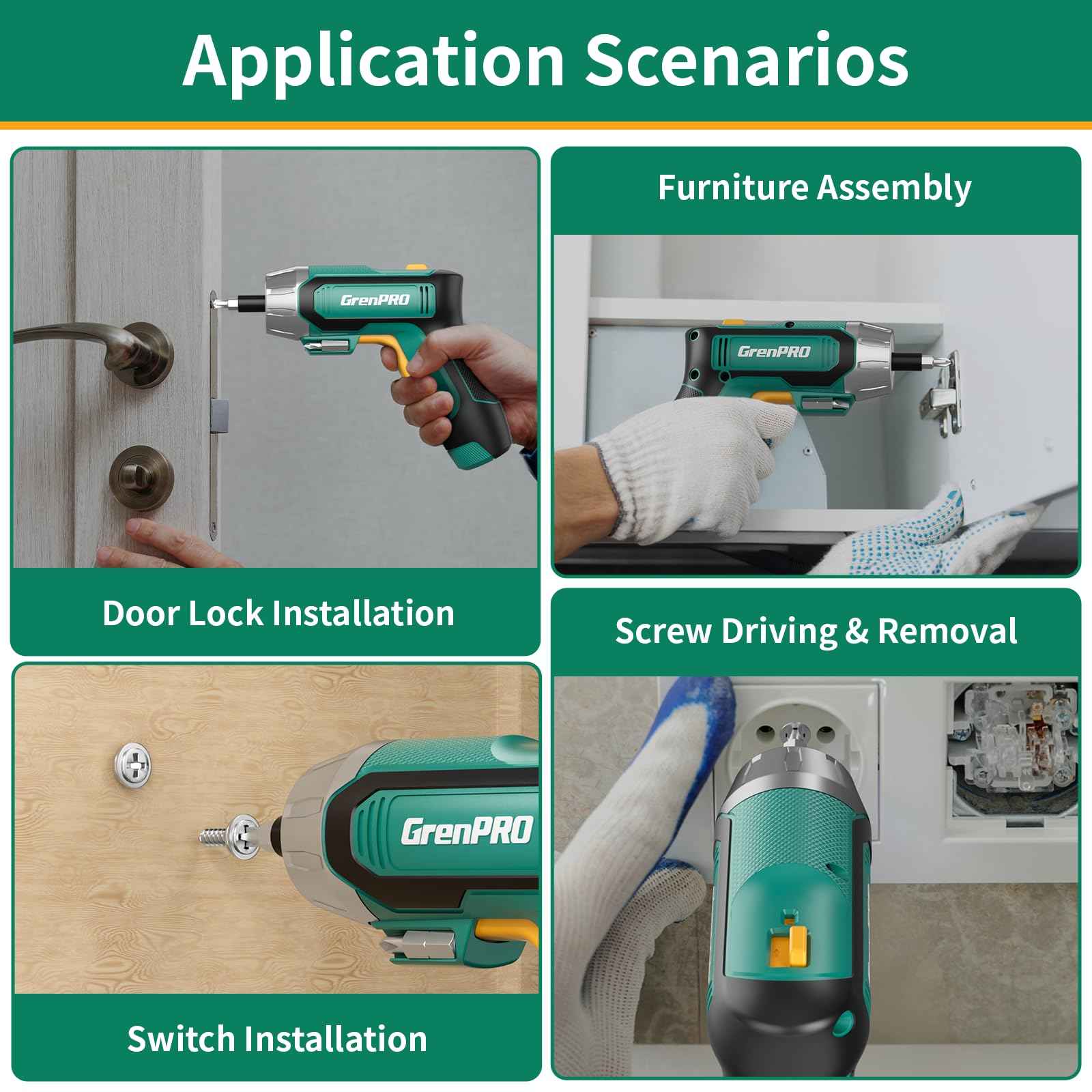 GRENPRO 4V Electric Screwdriver Rechargeable, Cordless Screwdriver 9pcs Bit with 1pc Bit Holder, USB Small Power Screwdriver Set with Bits, Green