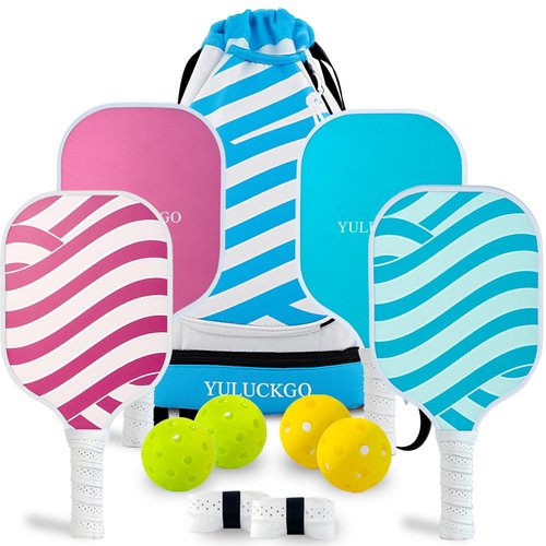 Premium Pickleball Set of 4, Graphite/Fiberglass Material， 4 Balls and 1 Portable Carry Bag, Pickle Ball Set for Men Women，Blue and White Texture