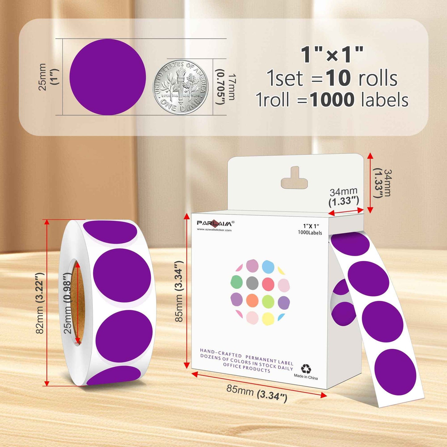 PARLAIM 10000 PCS 1 inch Colored Dot Stickers Round Color Coding Labels,10 Rolls Polka Circle Dots Bulk for Office Classroom, Purple
