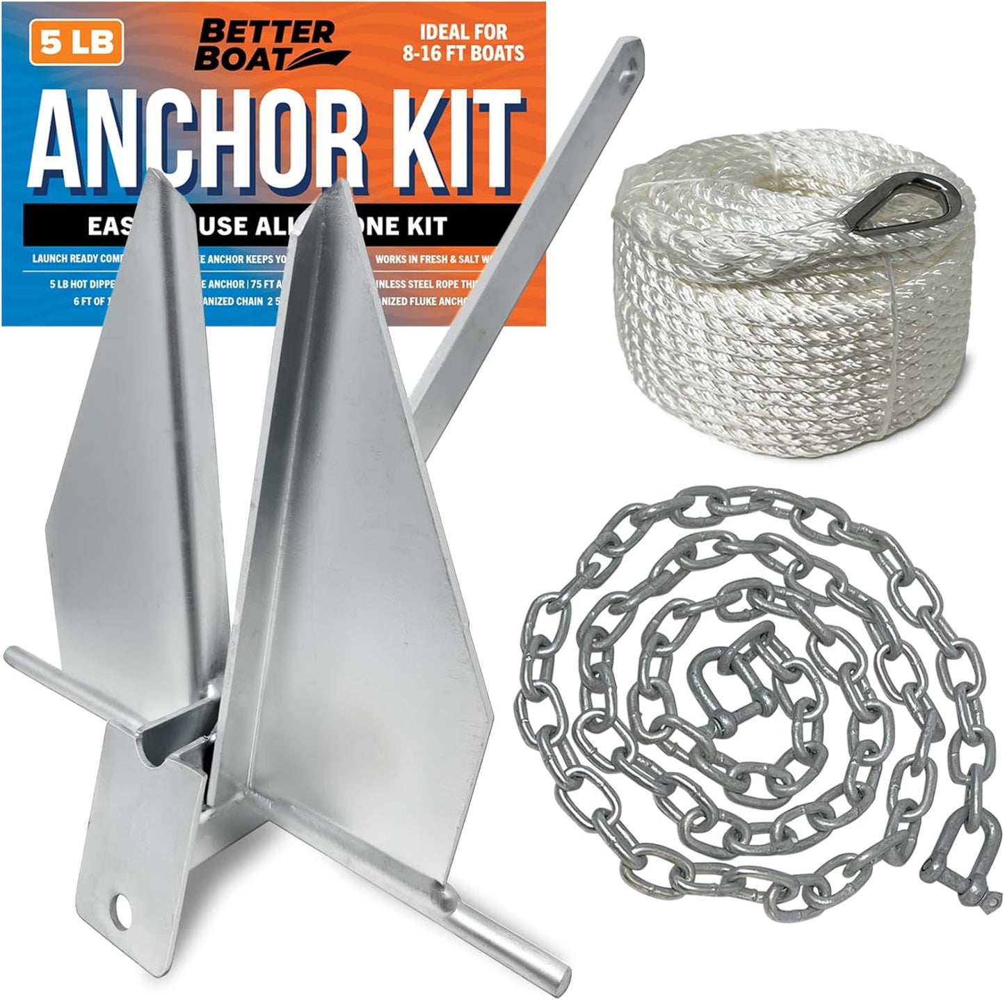 Better Boat Heavy Duty Fluke Boat Anchor Kit - Hot Dip Galvanized Steel with Rope & Chain | Multiple Sizes Available