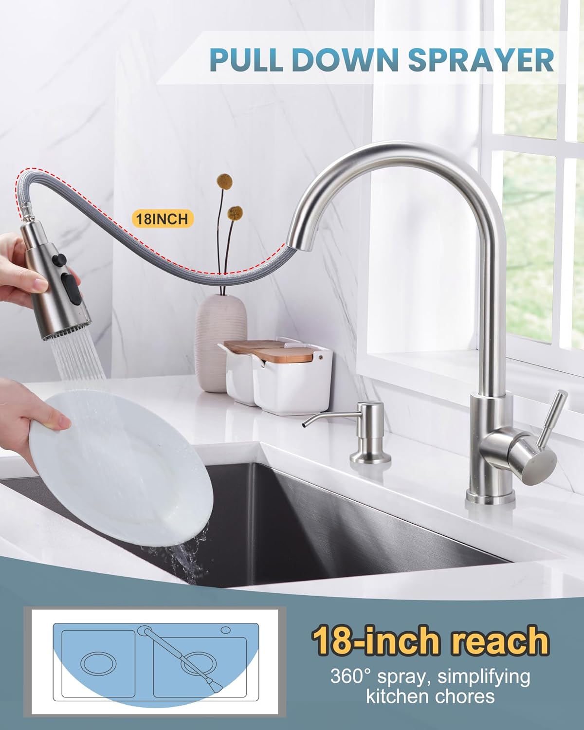 Stainless Steel Kitchen Faucet Combo with Water Filter - Brushed Nickel Sink Faucet for RO Systems