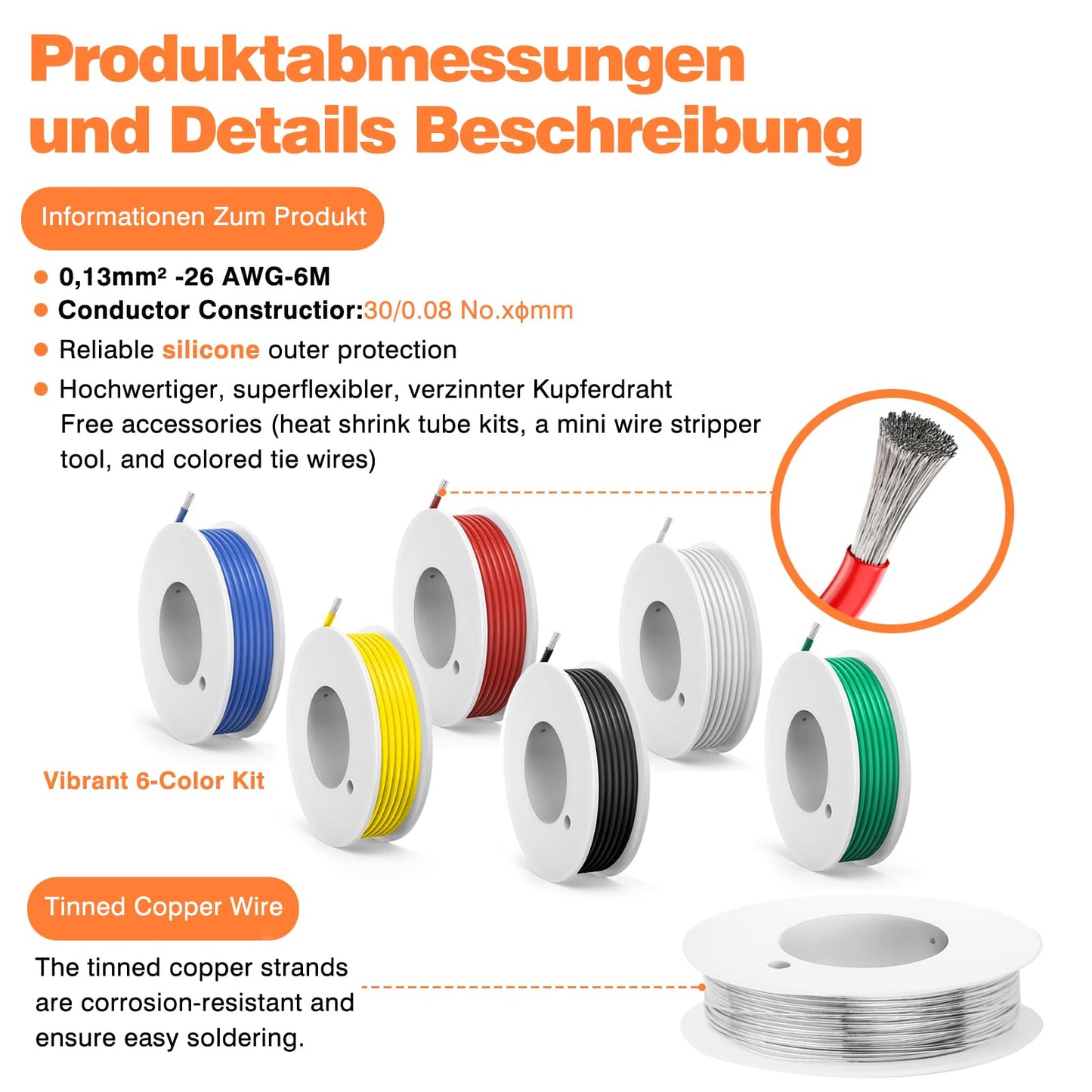 26 awg Wire,26 awg Silicone Electrical Wire -SCHDRA 26 Gauge Tinned Copper Wires(6 Colors 20ft Each Color)(OD: 1.5 mm),Stranded Wire-for Electronics, DIY Projects, Automotive Wiring