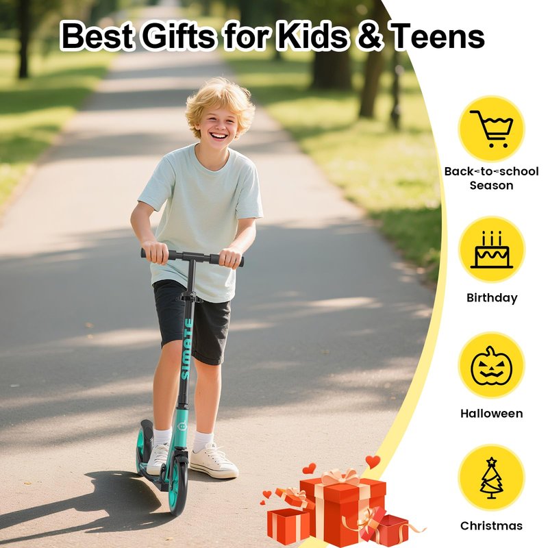 SIMATE Kick Scooter for Kids Teens & Adults, 4 Adjustable Heights, 8IN All Terrain Big Wheels, Foldable and Lightweight, Gifts for Girls Boys