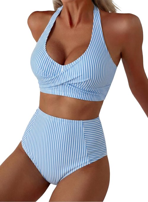 Herseas Women's High Waisted Bikini Set - Stylish Halter Design with Patch Pockets | Striped Swimwear 2026