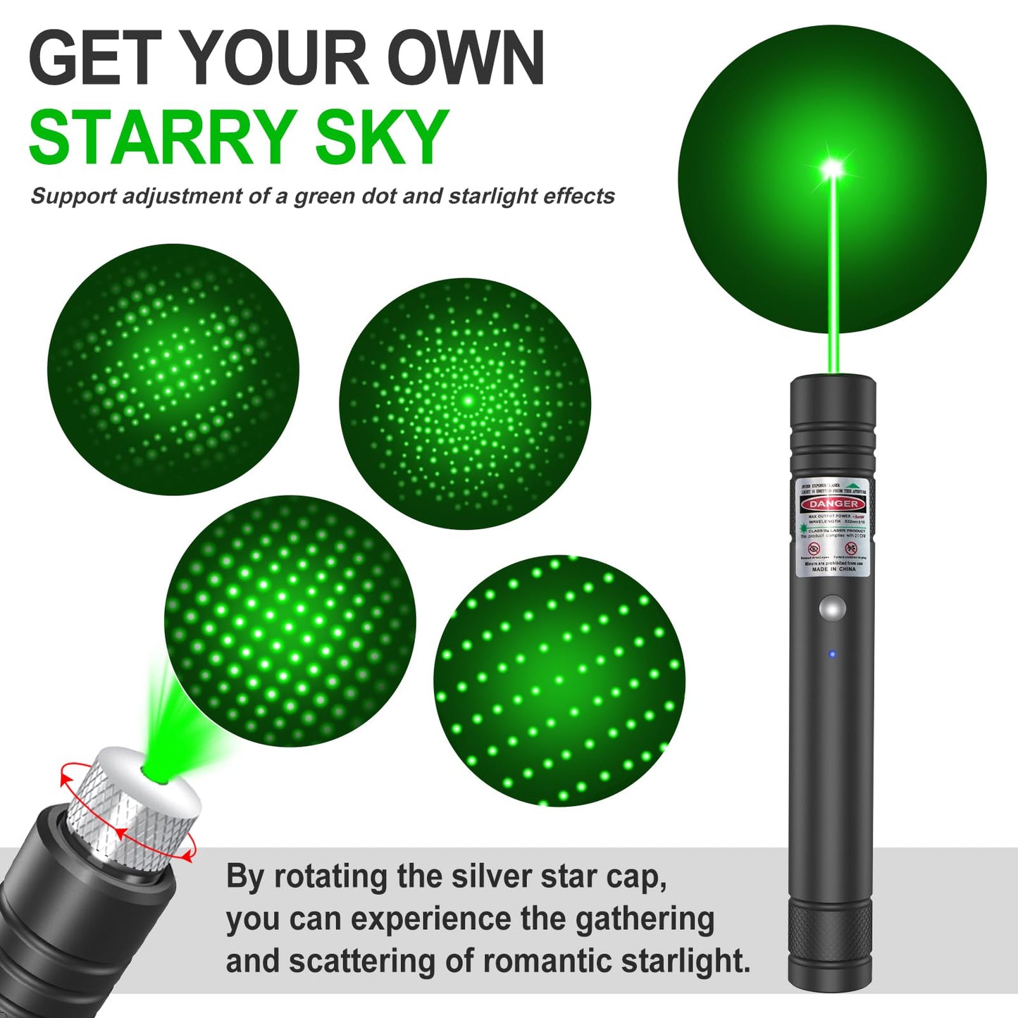 LETEAPII Green Beam Light Flashlight Long Range, USB Rechargeable Tactical Flashlights with Star Cap Adjustable Focus for TV/LED/LCD Screens, Presentations, Astronomy, Camping, Hiking, and Outdoor Use