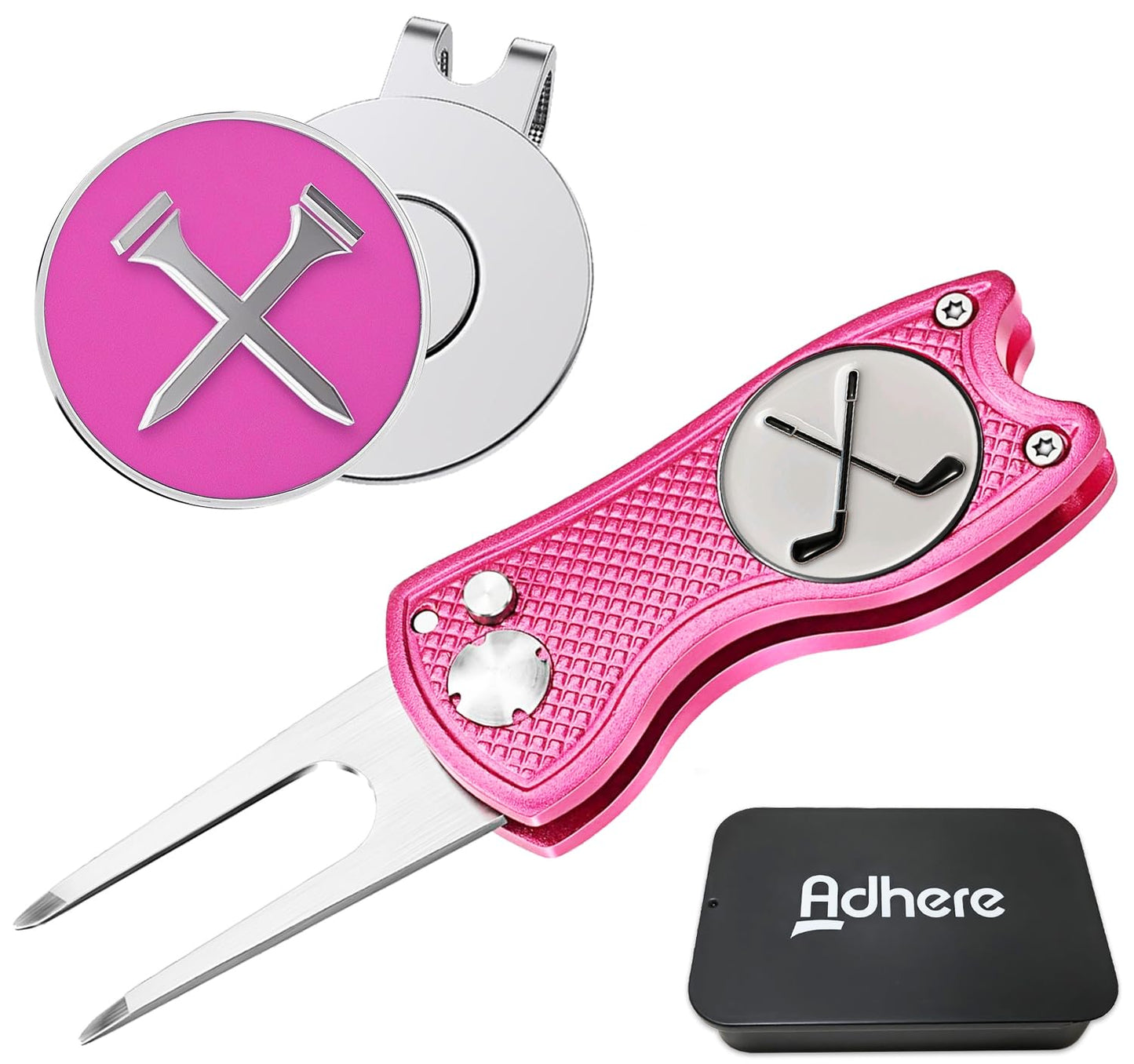 Adhere Golf Ball Markers & Divot Tools Personlized Enamel Ball Markers with a Magentic hat Clip,Unique Premium Golf Accessories Gift for Golfer. (E-Golf tees+Golf Club +Pink Divot Tools)