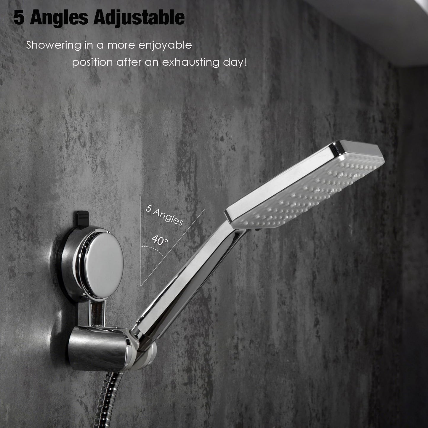 Suction Cup Hand held Shower Head Holder- Reusable - 5 Angles Adjustable - Bathroom Wall Mount Shower Wand Holder - Polished Chrome
