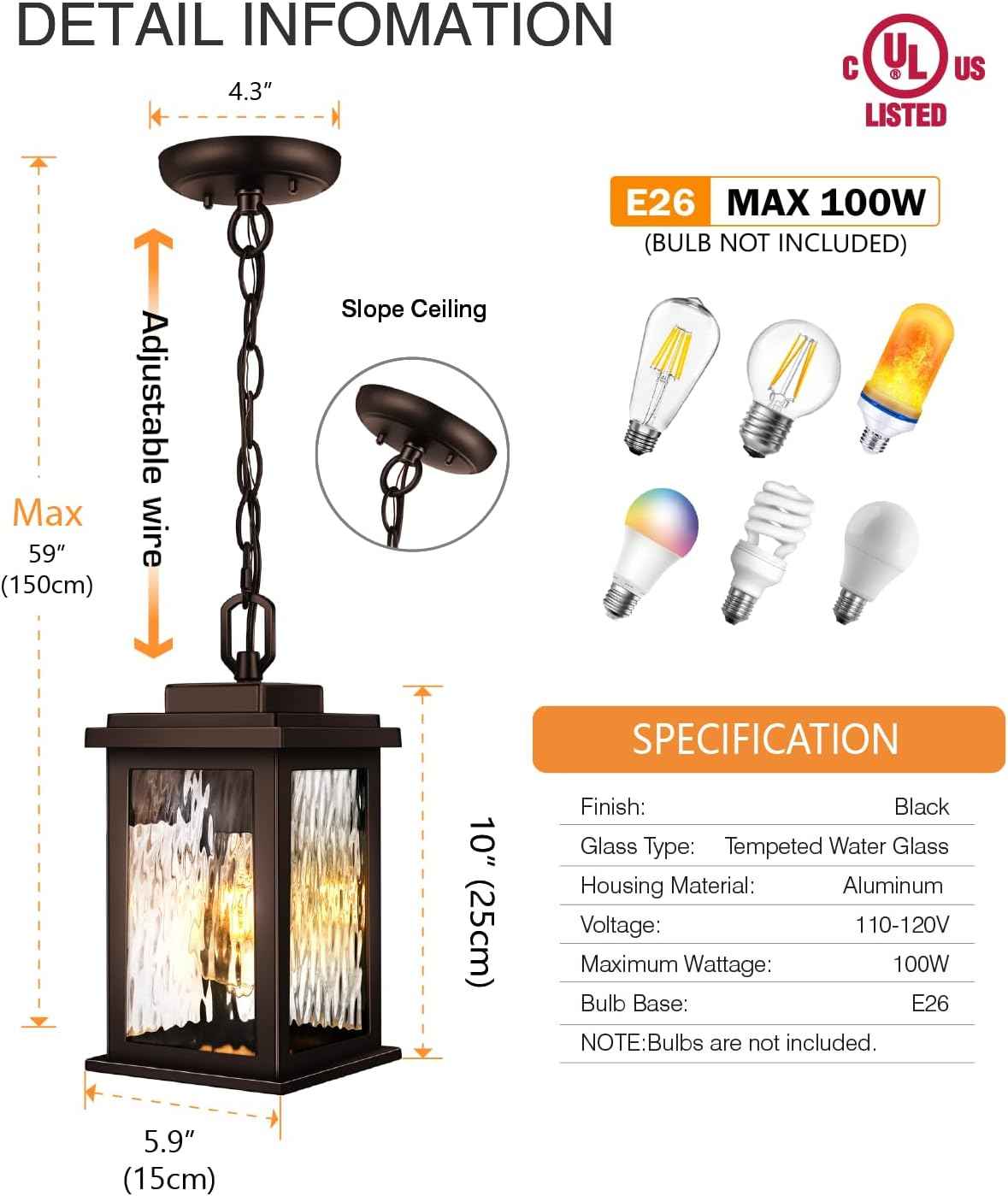 Outdoor Pendant Light - Oil Rubbed Bronze Chandelier for Porch & Patio, Adjustable Chain