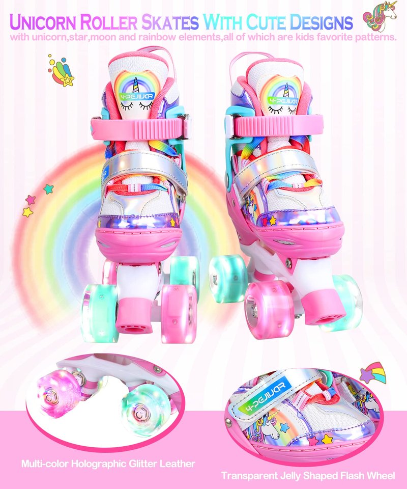 Rainbow Unicorn Kids Roller Skates for Girls Boys Toddler Ages 5-8,4-Pejiijar Adjustable Roller Shoes with Luminous Wheels for Birthday Xmas Gifts.