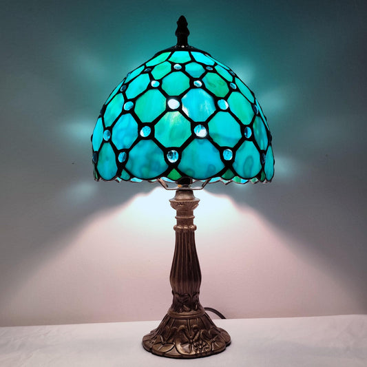 XPHMXP Small Tiffany Table Lamp 8 Inch Tiffany Style Desk Lamp Stained Glass Antique Light Bedroom Bedside Lamp Retro Reading Lamps (Green Pearls Style)
