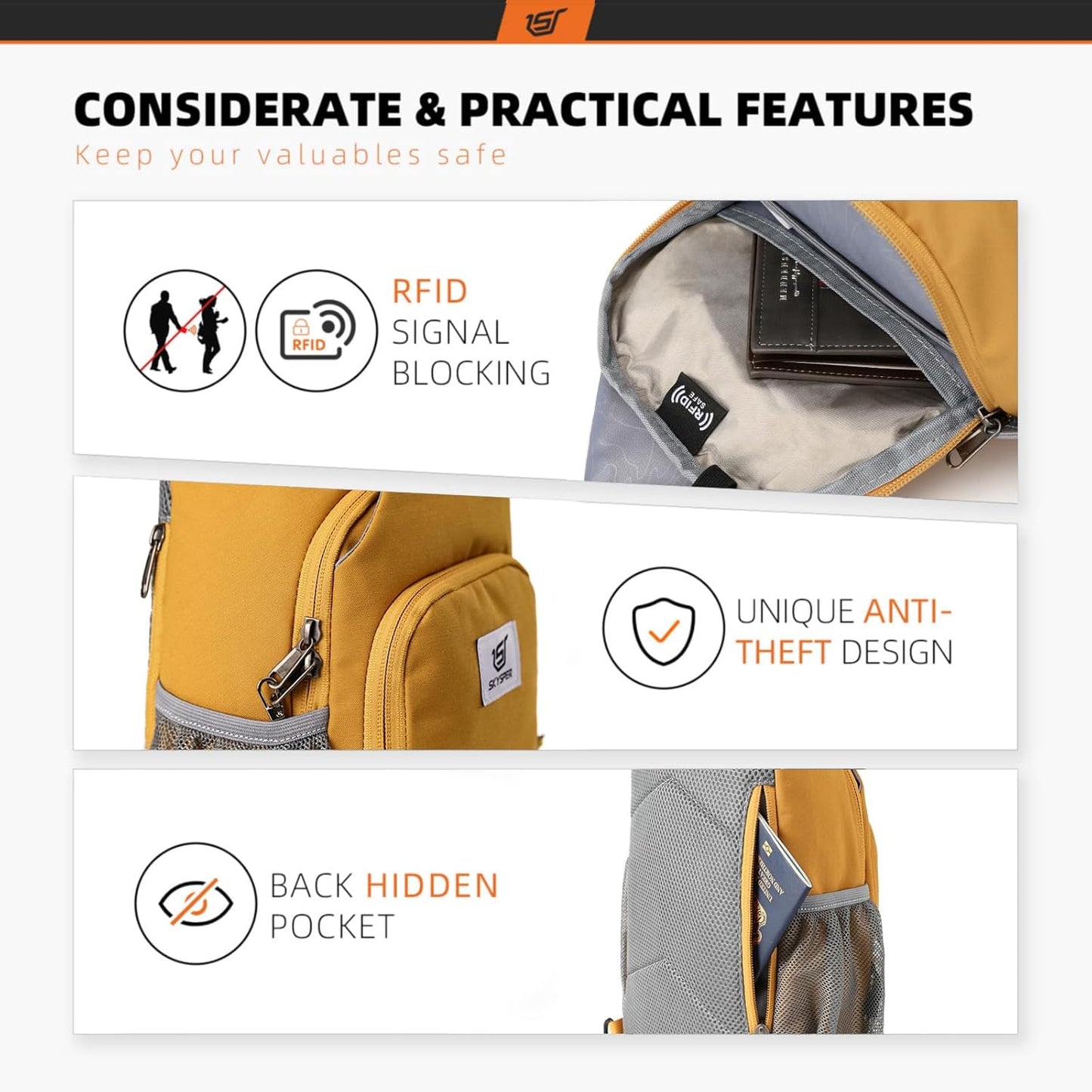 SKYSPER Sling Bag - RFID Crossbody Backpack for Travel & Hiking | Unisex Apricot Daypack