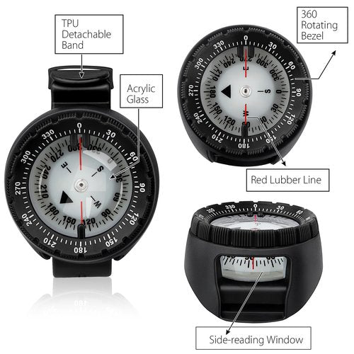 Scuba Compass, Professional Waterproof 5ATM Dive Wrist Compass with TPU Band for Outdoor Sports Diving, Sailing, Hiking, Survival Emergency (Black)